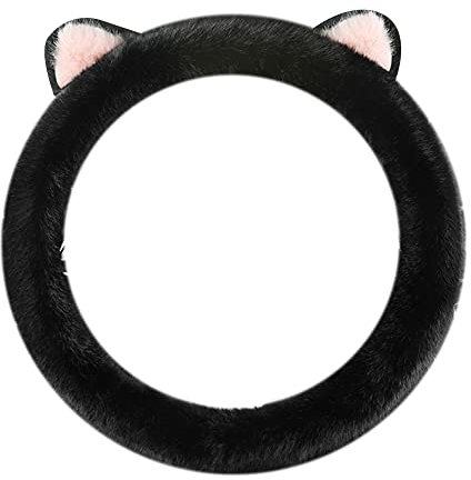 Plüsch Lenkradbezug,MoreChioce Winter Warm Lenkradabdeckung Rutschfester Weiche Lenkradhülle Süße Katzenohren Auto Lenkradbezug Damen Lenkradschoner Lenkrad Abdeckung,Schwarz Rosa