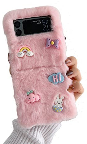 SINQERISHT Plüsch Hülle für Samsung Galaxy Z Flip 4 5G 2022 Schutzhülle für Mädchen Süße Winter Warm Bär Hase Fliege Flauschige Handyhülle Silikonhülle Stoßfest Case(Rosa)