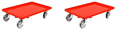 SparSet 2X Transportroller für Euroboxen 60x40cm mit Gummiräder rot | Geschlossenes Deck | 4 Lenkrollen | Traglast 300kg | Kistenroller Logistikroller Rollwagen Profi-Fahrgestell