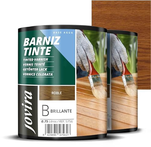 JOVIRA PINTURAS Barniz Tinte Brillante al Agua, acabado Brillo. Especial para teñir y barnizar maderas. (2x750 Mililitros, Roble)