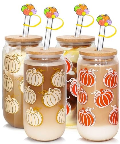 ANOTION Cute Glass Cups - Unique Pumpkin Design Fall Coffee Cup Set, 18oz, 4 Packs with Lids and Straws