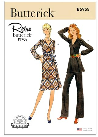 Butterick Schnittmuster-Set für Damen, Vintage-Stil, 70er-Jahre-Kleid, Tunika und Hose, Design Code B6958, 36-38, 40-42, mehrfarbig