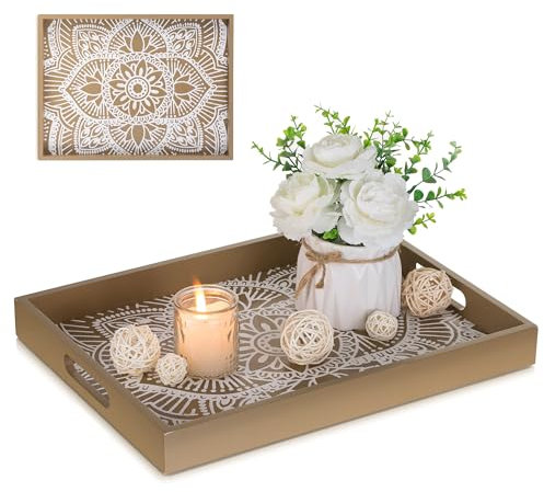 Hanobe Serving Tray Decorative Wooden: Coffee Table Tray with Handles Boho Decor for Centerpiece - Rectangular Rustic Ottoman Platters Brown for Living Room Countertop