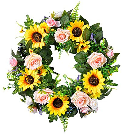 Türkranz Herbst Dekoration Simulation zum Sonnenblumen-Blumen-Mall-dekorativen Tür-Dekorations-Gras-Ring-hängender Blumen-Ring Herbst Girlande (Yellow, One Size)