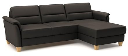 CAVADORE Leder-Eckcouch Palera mit Longchair / Landhaus-Sofa mit Federkern + massiven Holzfüßen / 244 x 89 x 163 / Leder Dunkelbraun