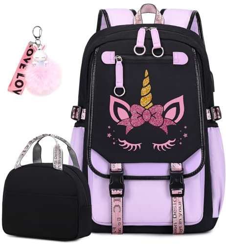 Bevalsa Schulrucksack Mädchen Teenager Schulranzen mit Lunchtasche Schultaschen-Set, Freizeitrucksack Groß 210 Wasserdicht School Bag Backpack für Kinder Grundschüler Schüler (Violett Einhorn)
