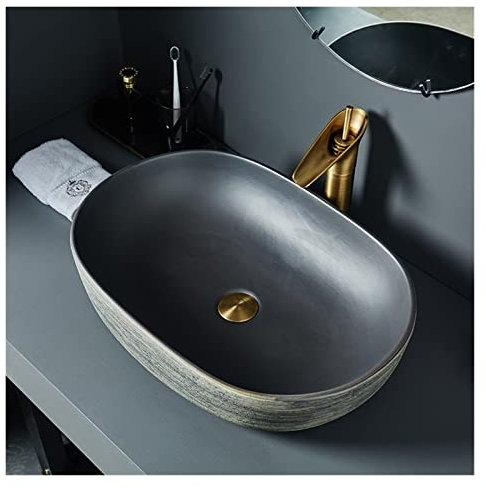 MOOWI Waschbecken Graues, ovales Aufsatzwaschbecken, Keramikgefäß, Badezimmerwaschbecken, Einzelbecken for Schrank, Toilette, Waschtisch Aufsatzwaschbecken (Color : Basin Set)