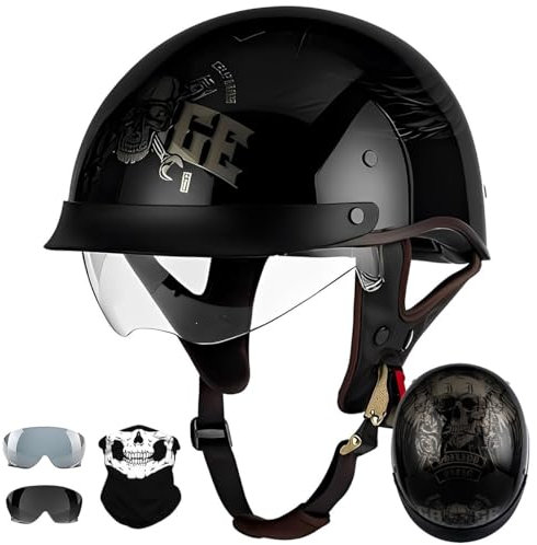 Casques Jet, Demi-Casque Moto Vintage Homologué ECE, Rétro Casques Bols avec Pare-Soleil et Boucle à Dégagement Rapide Réglable, Casque Ouvert pour Scooter Vélo Cruiser 57~64cm