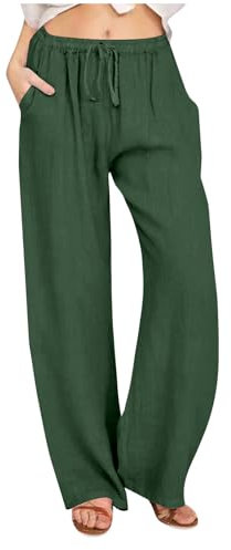 Awrvia Leinenhose Damen Sommer Freizeit Hose Lang Locker Sommerhose Casual Einfarbig Stoffhose Baumwolle Gerades Bein Jogginghose Bequeme Traininghose Leicht Strandhose mit Kordelzug und Taschen