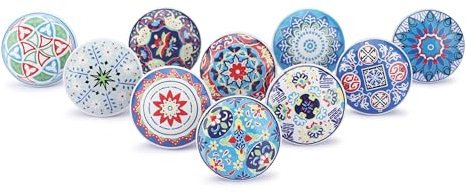 Ajuny Set of 10 Ceramic Knobs – Multicolor Printed Decorative Pulls for Cupboard Drawer Kitchen Cabinets Bathroom Dresser – Glossy Finish Furniture Handles Best Gift