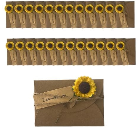 WYAN Wunscherfüller, 25 Stück Vintage-Kraftpapier Grußkarten, Getrocknete Blumen Sonnenblumen Umschläge, Hanfseil, für Geburtstage, Hochzeiten, Freunde, Familie – Unisex-Geschenke für Frauen