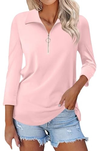 Women's Plain Polo Shirt 2024 Fall Long Sleeve Lapel Casual Quarter-Zip Solid Cotton Tee Shirts Outdoor Sport Golf Tennis T-Shirts(3#Pink,L)
