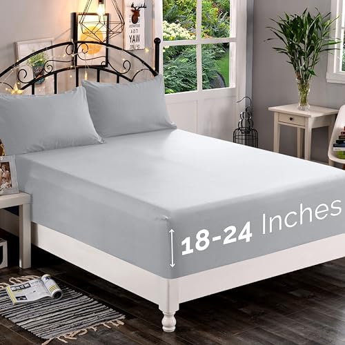 Elegant Comfort 1500 Premium Quality Fitted Sheet Ultra Soft 18-24 Inch Extra Deep Pocket - Single Fitted Sheet for High Mattress - Wrinkle Free with Smart Storage Pockets, California King, Silver
