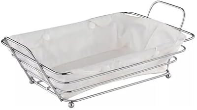 Bread Basket with Cream Fabric Lining Rectangle Bread Basket Stainless Steel – Rectangular Food Display & Serving Tray for Kitchen Storage, Dining Table, or Buffet – Silver/Cream