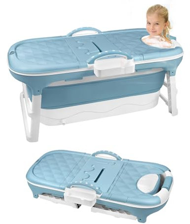Baignoire Pliable pour Adulte,Baignoire Mobile Pliable avec Couvercle Amovible、Rouleaux de Massage et Panier à Savon,Siège de Baignoire Portable à Poser pour Petite Salle de Bain,Bleu,112x62x52cm