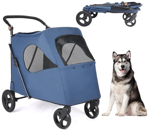 AESRAOU Großer Hunde-Reisewagen mit 4 robusten Rädern, Haustier-Kinderwagen mit verstellbarem Griff, doppelte Kapazität für Hunde, Joggerwagen mit Hintertür vorne für kleine, mittelgroße (Marine)