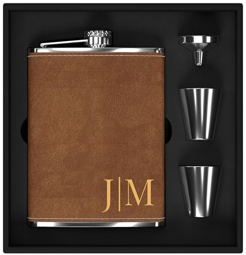 Flachmann Gravur mit Initialen nach Maß, Flachmann Edelstahl 8oz/237ml Personalisiert, Personalisierte Geburtstagsgeschenke für Männer Partner Mann Ihn Freund Papa Opa (Braun)