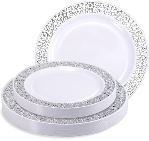 Kinmsito 40 platos de plástico con borde plateado, 2 tamaños, platos de plástico reutilizables de alta calidad, platos de plástico blanco reutilizables, resistentes de plástico duro para bodas,
