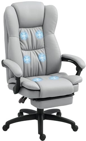 Vinsetto Bürostuhl mit Massagefunktion Ergonomischer Chefsessel mit Liegefunktion, Fußstütze Höhenverstellbar 360° Drehbar Computerstuhl mit Fernbedienung, Kunstleder, Hellgrau