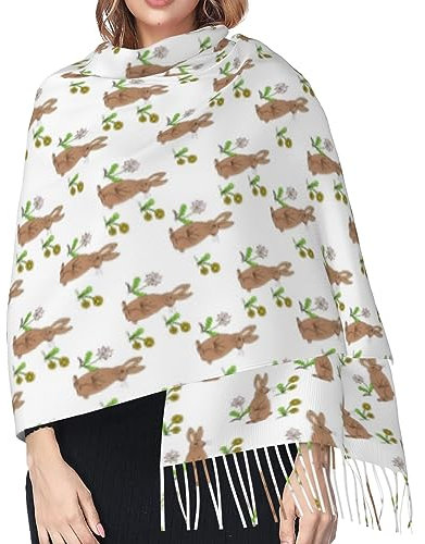 Hceaatb Damen-Schal, Kaninchen, Wildblumen, modisch, Winter, warm, Kaschmirschal, Fransenschal, Schwarz , Einheitsgröße
