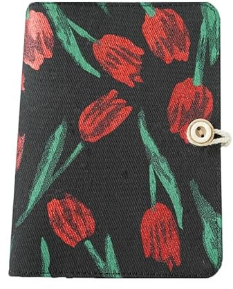 Keninll Taccuino da donna, realizzato a mano, in tessuto, con rose rosse e nere, 212 pagine, chiusura a bottone, segnalibro portatile formato A5 (15 x 22,3 cm)