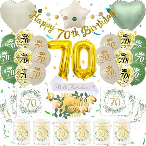 70 Geburtstag Deko Männer Frauen, Grün Gold Zahlenballon 70. Geburtstag Set | Geburtstagsdeko 70 Jahre, Grün Gold Party Deko, Happy 70th Birthday Banner, 32 Zoll Zahlenballons, Schärpe und Ballons