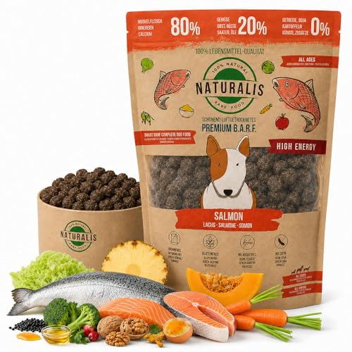 1kg Naturalis Trockenbarf Hund 80% Lachs 20% Gemüse, Obst getreidefrei ohne Zusätze 100% deklariert & natürlich, Komplett-Menü - Stark verbesserte Qualität seit 09/2026