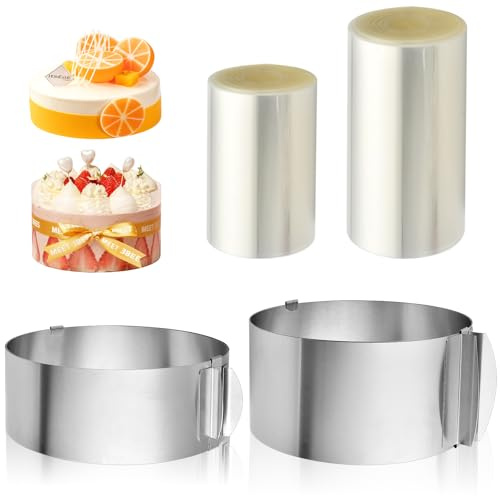 2Pcs Cake Ring Adjustable 6 to 12 Inch with 2 Cake Collar (6,8 cm Height) | Stainless Steel Cake Baking Ring, Round Baking Mold Mousse Ring for Cooking Crumpets Eggs Pastry Desserts
