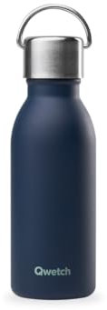 Qwetch - Bouteille Isotherme Active Bleu Marine 350ml - Gourde avec Anse Inox Recyclé - 24h Froid et 12h Chaud - Etanche, Sans BPA & Compacte