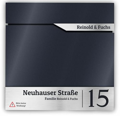 Manschin-Laserdesign Briefkasten in Anthrazit RAL 7016 mit Zeitungsfach, individuell personalisierbar auf Edelstahl V2A Namensschild, Wetterfest, Robust, Wandbriefkasten mit Firmenlogo