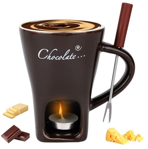 Tazza Fonduta Cioccolato con Forchetta e Candeline, Tazza Dolce Sciogliere Cioccolato Set Pentolino Fonduta Ceramica per Formaggio Caramelle Serate Romantiche (Marrone Scuro)