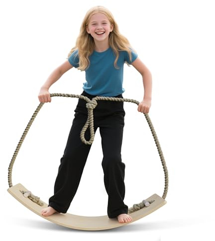 FIVMEN Balance Board Kinder aus Holz 82x30 cm Balanceboard Wackelbrett mit Seil & Anti-Rutsch Balancebrett Wobble Board für Balancieren Kinder, Schwarz