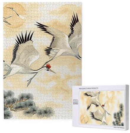 Two Japanese Cranes flying traditional painting Printed Jigsaw Puzzle with Storage Box, Wooden Puzzle for Adults and Kids, 1000 Pieces Family Fun Decorative Game
