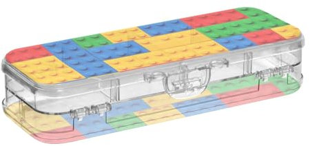 tplaotee Bausteine, buntes Design, transparente Stiftebox aus Kunststoff, doppelstöckig, transparent, harte Stifteetui für Schule, mit Schnappverschluss und Deckel