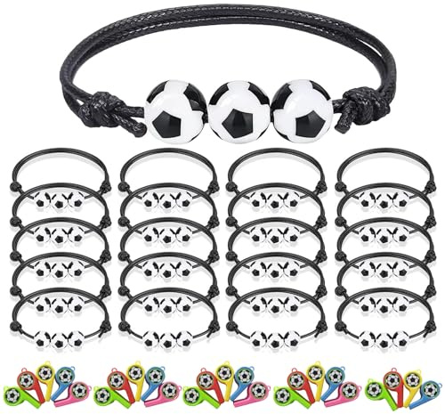 ZHITENG 20 Stück Fussball Geschenke Jungen und 24 Stück Trillerpfeife, Fußball Armband Verstellbares Trillerpfeife Kinder, Armband Kinder Trillerpfeifen für Sport Fußballgeburtstag Party
