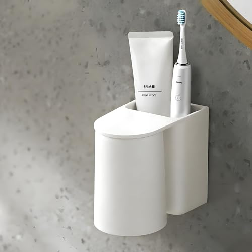 Ateweita Zahnbürstenhalter Wand, Magnetischer Elektrische Zahnbürsten Halter Organizer Aufbewahrung Ohne Bohren, Toothbrush Holder für Bad & Dusche mit Bürsten-Ablauf & Zahnbecher-Set