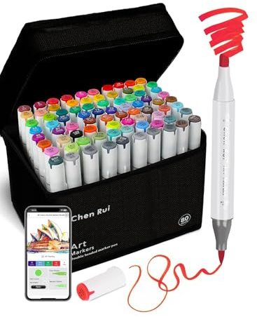 Chen Rui 80 Colours Alcohol Markers Brush Tip with App Colouring Pens | Dual Tip | Non-Toxic | Chisel and Brush Tip | Blendable | Alcohol Based Markers for Adults, Anime, Manga, Drawing, Sketching
