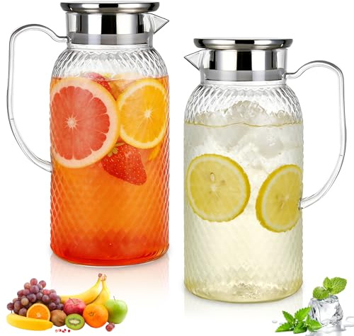 2pcs Carafe Eau 1,8L, Pichet Plastique Résistant à la Chaleur avec Couvercle, 2 Ouvertures de Versement, Réfrigérateur et Boissons Chaudes ou Froides