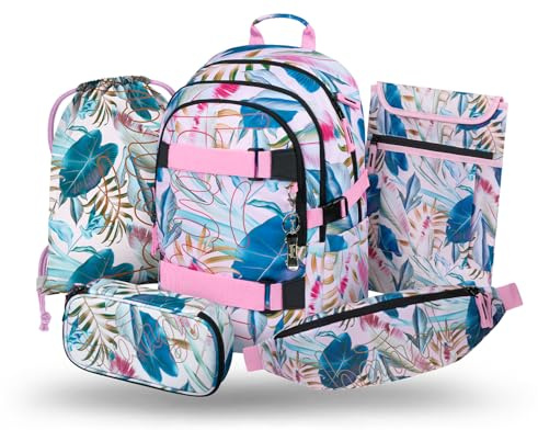 Baagl Schulrucksack Set Mädchen 5 Teilig Skateboard Schultasche 25 - Leafs | Der ergonomische Schulranzen und Grundschule Ranzen mit Brustgurt bietet ab 3. Klasse eine optimale Entlastung für Kinder.