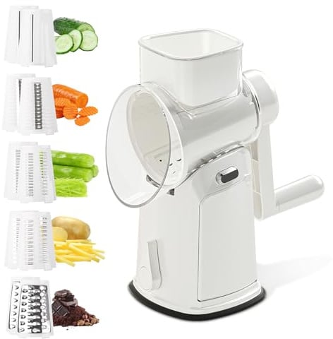 Gemüsereibe mit Kurbel, dellyy 5 Klingen Sets, Edelstahl Trommelreibe, Verstecktes Aufbewahrungsfach, Mehrzweck-Gemüseschneider für Karotten, Kartoffeln, Nüsse, Ideal für Küche und Kochen (Weiß)