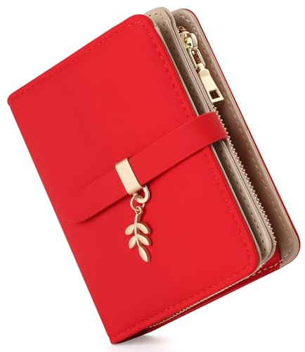 RRANCharltu Portefeuille Femme Cuir Porte Monnaie Petit Blocage RFID,Rouge | Portefeuilles et Porte-Cartes,Fermeture éclair Poche à Monnaie,Fenêtre ID,Pendentif Feuille,Simili Cuir,Voyages,Cadeaux