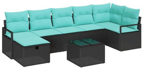 vidaXL Sofa Set mit Kissen 8 pcs Schwarz und Türkis Poly-Rattan, Garten- und Terrassenmöbel, modulare Outdoor-Sofaset, wetterfest, leicht und mit Stauraum für einfaches Umstellen