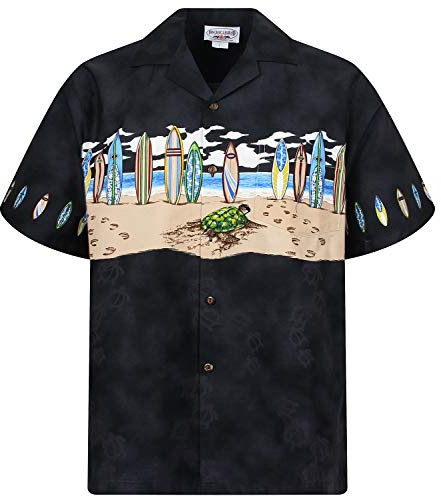 Pacific Legend Original Hawaiihemd, Kurzarm, Surfbretter Schildkröten Brust-Print, Schwarz, 3XL