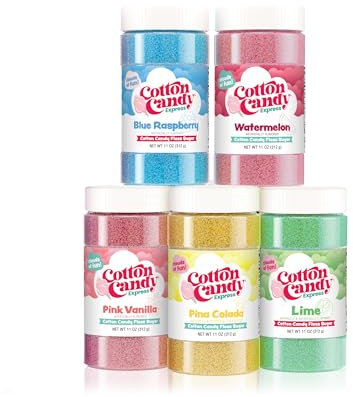 Cotton Candy Express Floss Sugar Variety Pack 5-11oz Plastic Jars of Lime, Watermelon, Pina Colada, Blue Raspberry, Pink Vanilla Flossing Sugars. Use with Cotton Candy Express countertop machine