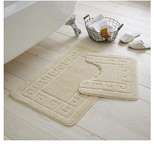 De Lavish Bath Mat Set 2 Piece Non Slip Rubber Pedestal and Bath Mat Set Toilet Greek Bathroom Rug New (Cream)