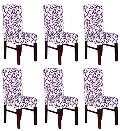 HMwish 6 Pezzi Coprisedia con Schienale, Moderne Universale Coprisedie Elasticizzato Cucina Salotto Coprisedie Sala da Pranzo Viola Bianco