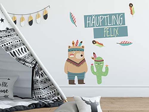 GRAZDesign Wandtattoo Kinderzimmer Junge | personalisiert mit Name | Indianer Bär Tiere Wandaufkleber Baby Babyzimmer Waldtiere | Wandsticker Deko selbstklebend, 88x50cm