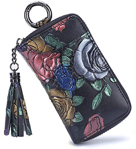 Portafogli chiave da donna Aileder in pelle portachiavi portafoglio portafoglio fiori dipinti a mano portachiavi auto con 8 ganci per chiavi slot per carte nappa cerniera, Rosa dorata., 12 x 7 x 2.5