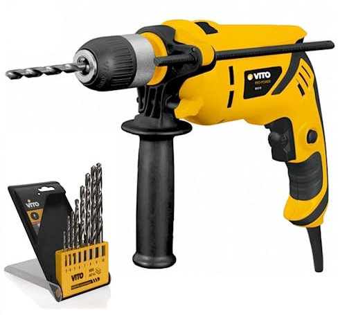 VITO - Perceuse à percussion 850W + Coffret de 8 Forets Acier- Mandrin 13mm Auto-serrant Bois, Béton, Métal