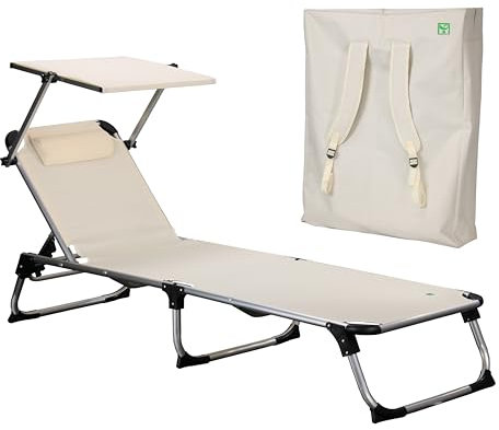 Totò Piccinni Lettino Prendisole KAMP Pieghevole Leggero Alluminio Cuscino e Borsa Zaino (Beige)
